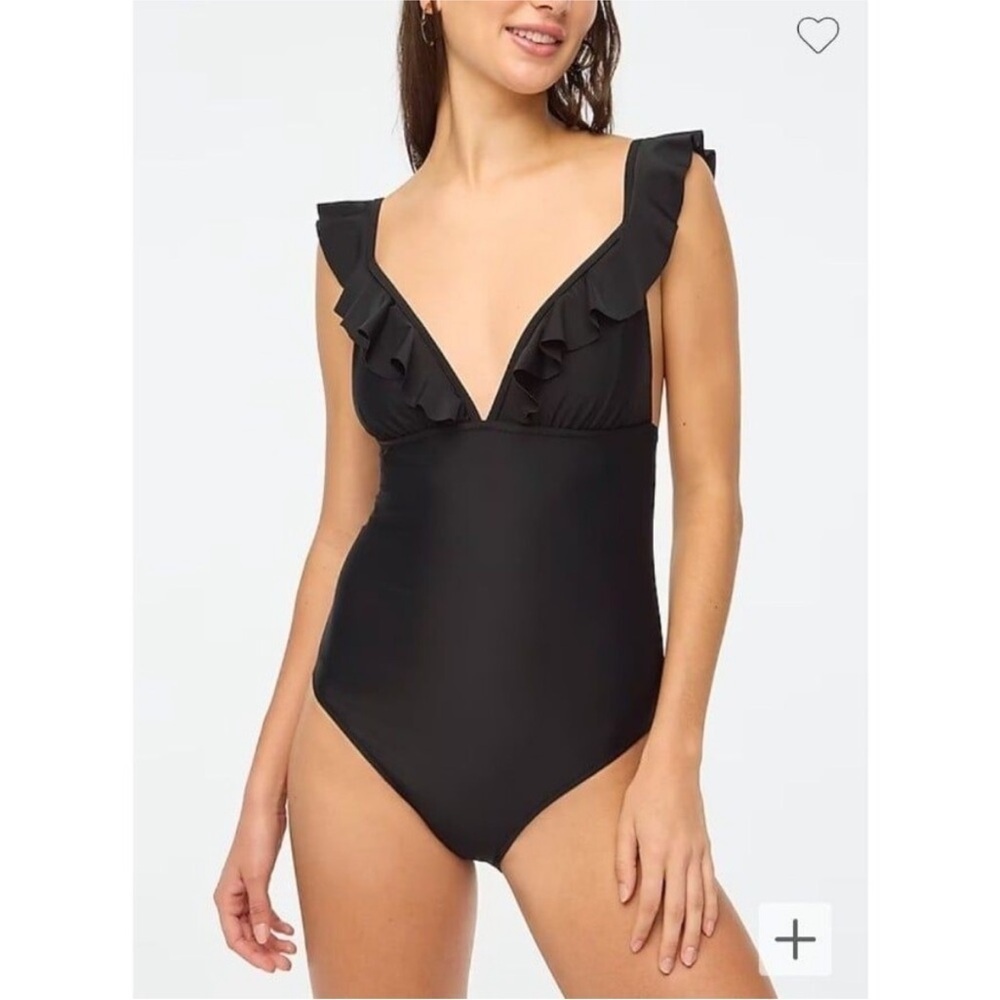 J Crew black Ruffle-shoulder V-neck one-piece swimsuit size L new
